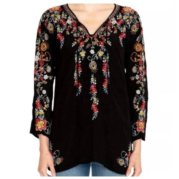 Johnny Was Womens Large Autumn Bloom Black Embroidered Floral Tunic Top - Picture 1 of 15